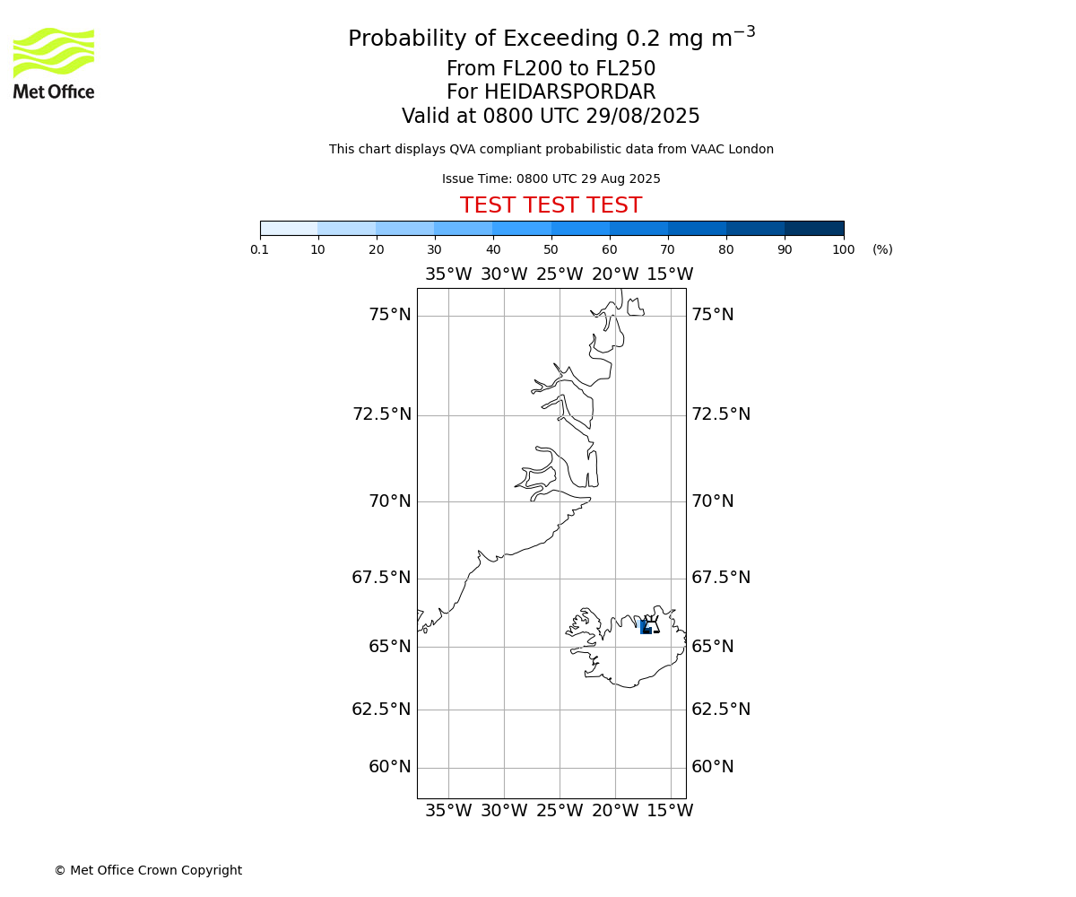 Probability of exceeding 0.2 milligrams per metre cubed. From 200 to 250 for HEIDARSPORDAR. Valid at 0800 UTC 29/08/2025