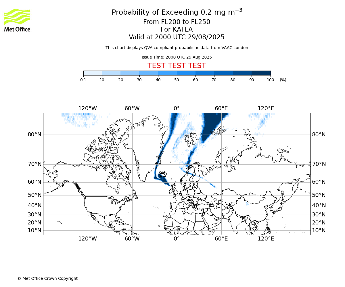 Probability of exceeding 0.2 milligrams per metre cubed. From 200 to 250 for KATLA. Valid at 2000 UTC 29/08/2025