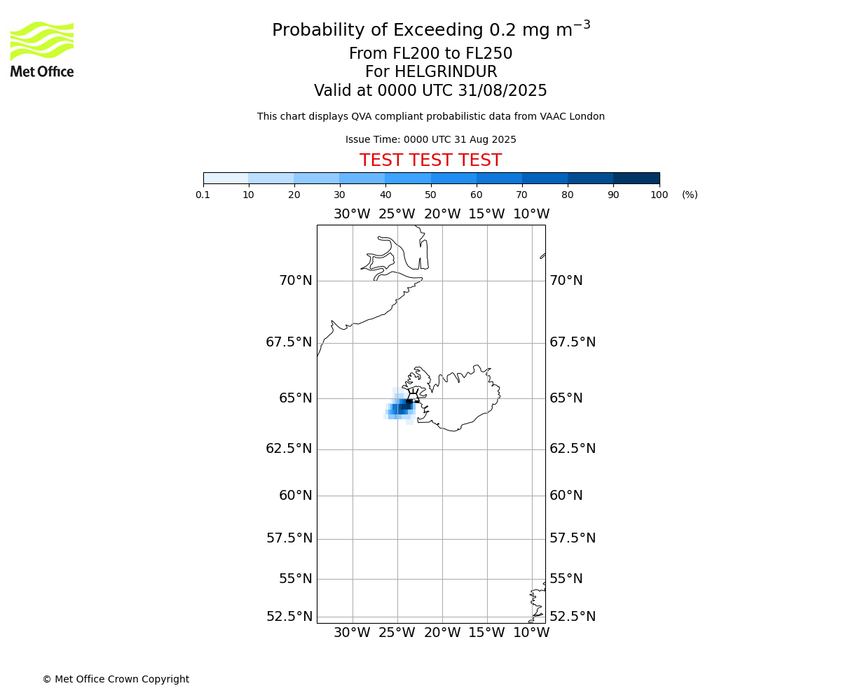 Probability of exceeding 0.2 milligrams per metre cubed. From 200 to 250 for HELGRINDUR. Valid at 0000 UTC 31/08/2025