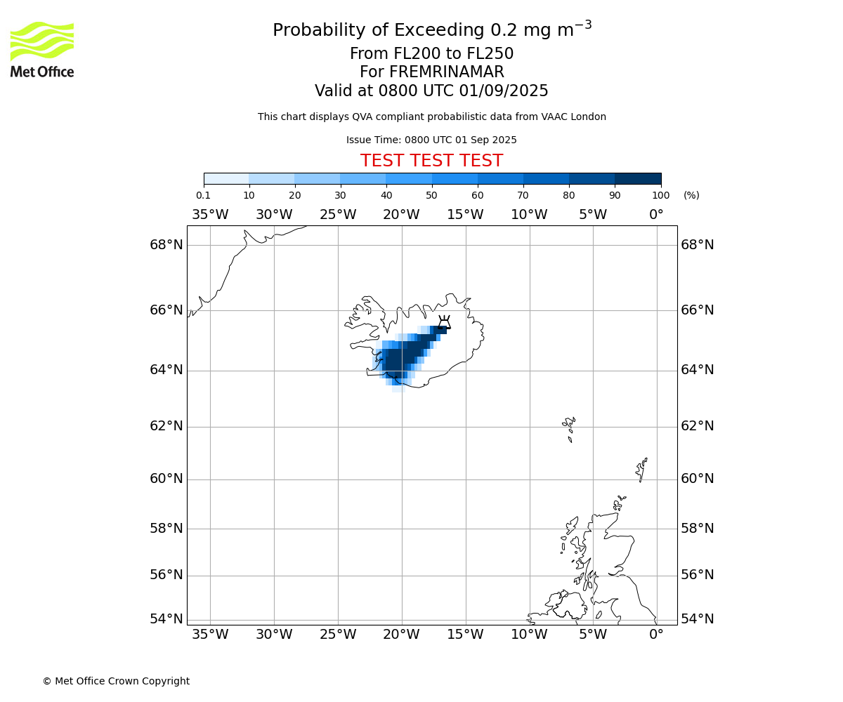 Probability of exceeding 0.2 milligrams per metre cubed. From 200 to 250 for FREMRINAMAR. Valid at 0800 UTC 01/09/2025