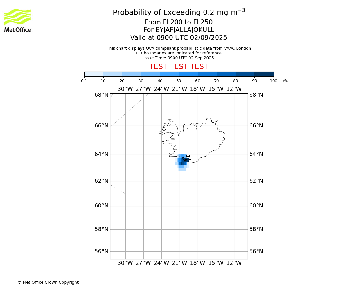 Probability of exceeding 0.2 milligrams per metre cubed. From 200 to 250 for EYJAFJALLAJOKULL. Valid at 0900 UTC 02/09/2025