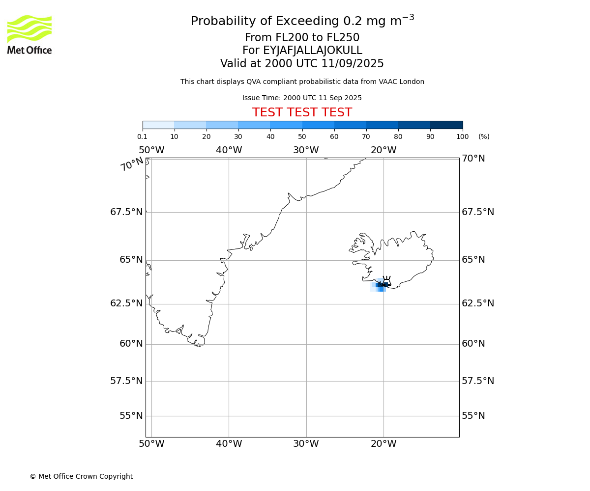 Probability of exceeding 0.2 milligrams per metre cubed. From 200 to 250 for EYJAFJALLAJOKULL. Valid at 2000 UTC 11/09/2025