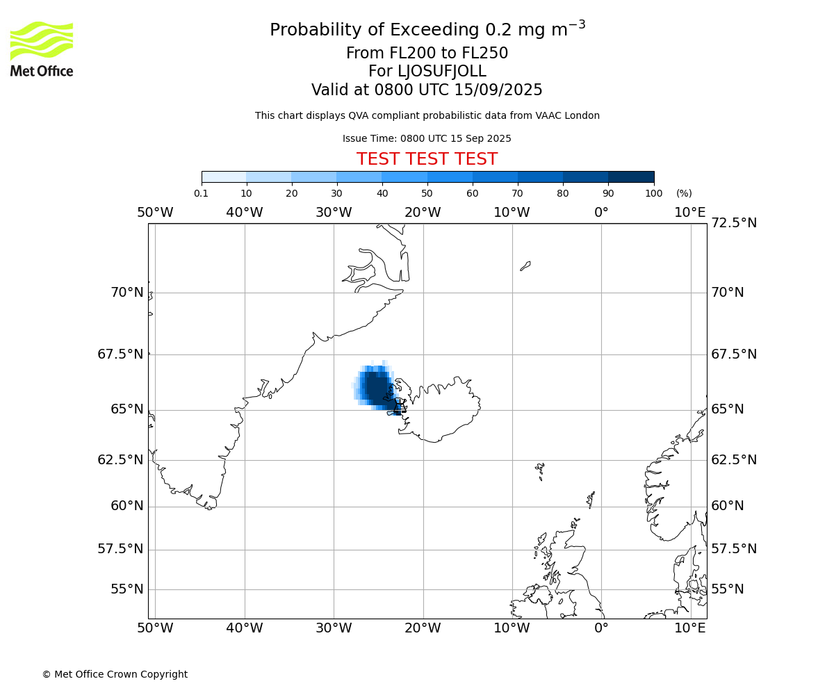 Probability of exceeding 0.2 milligrams per metre cubed. From 200 to 250 for LJOSUFJOLL. Valid at 0800 UTC 15/09/2025