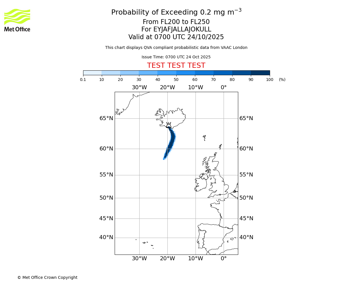 Probability of exceeding 0.2 milligrams per metre cubed. From 200 to 250 for EYJAFJALLAJOKULL. Valid at 0700 UTC 24/10/2025