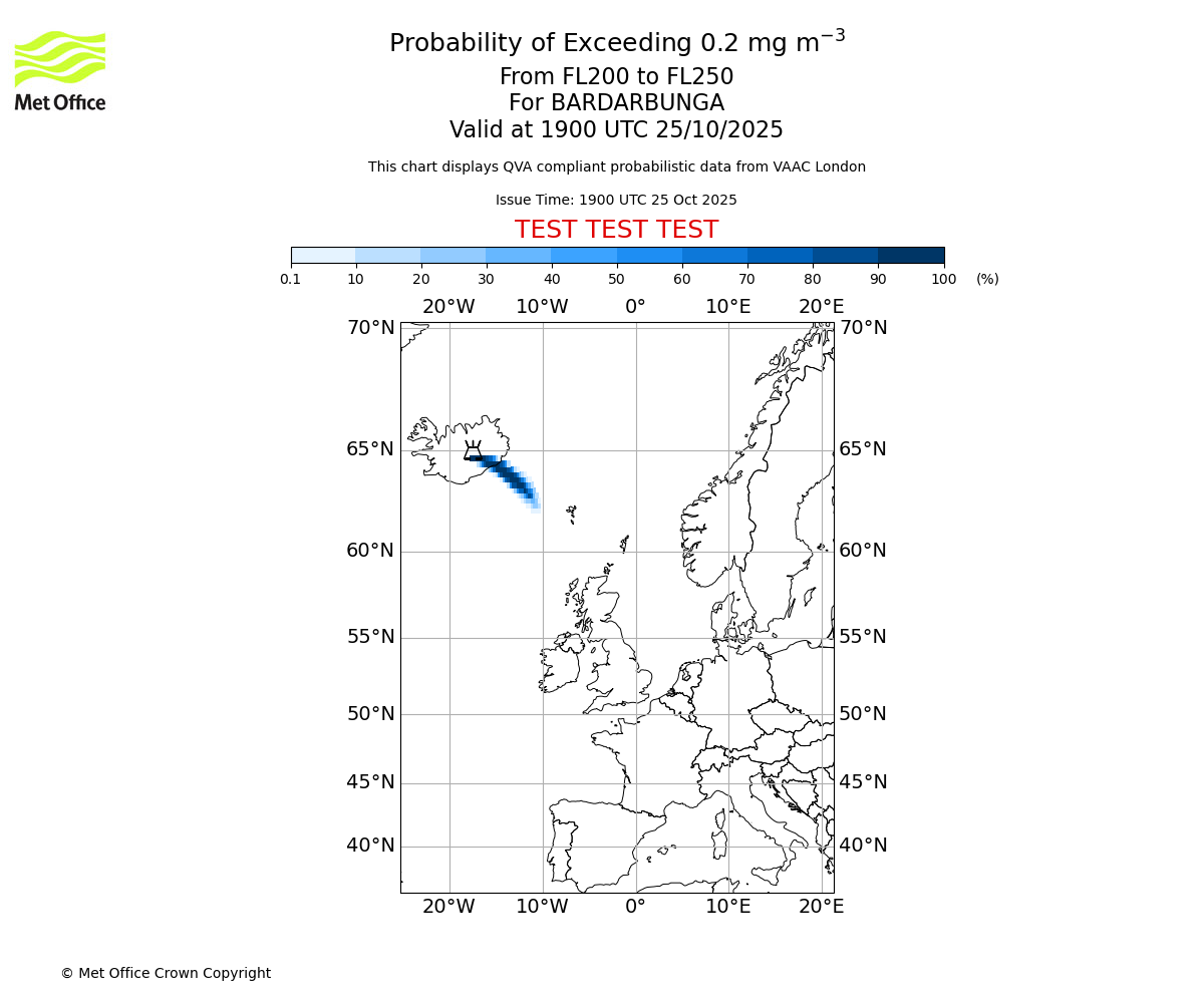 Probability of exceeding 0.2 milligrams per metre cubed. From 200 to 250 for BARDARBUNGA. Valid at 1900 UTC 25/10/2025