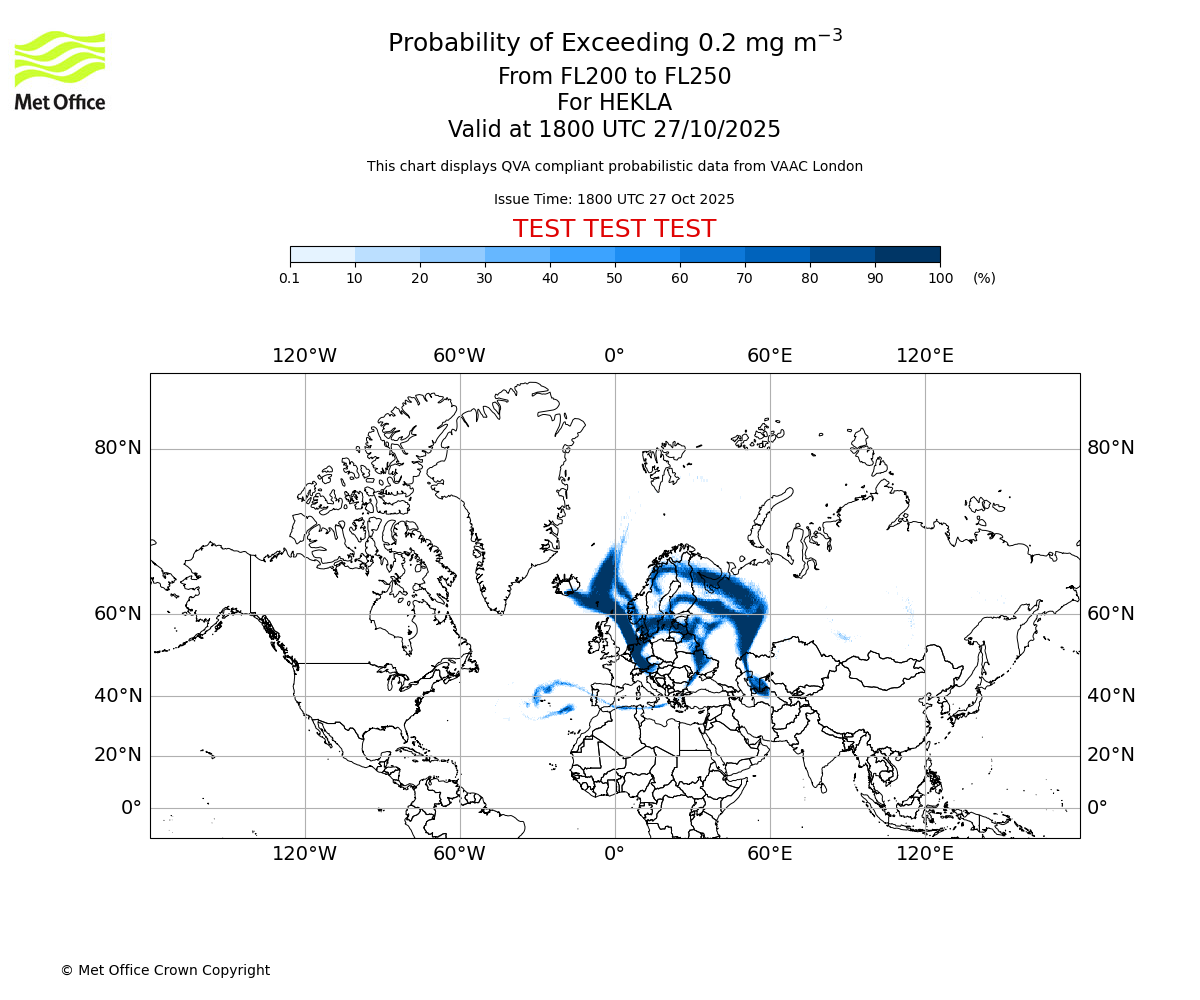 Probability of exceeding 0.2 milligrams per metre cubed. From 200 to 250 for HEKLA. Valid at 1800 UTC 27/10/2025