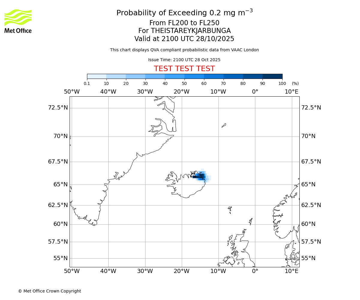 Probability of exceeding 0.2 milligrams per metre cubed. From 200 to 250 for THEISTAREYKJARBUNGA. Valid at 2100 UTC 28/10/2025