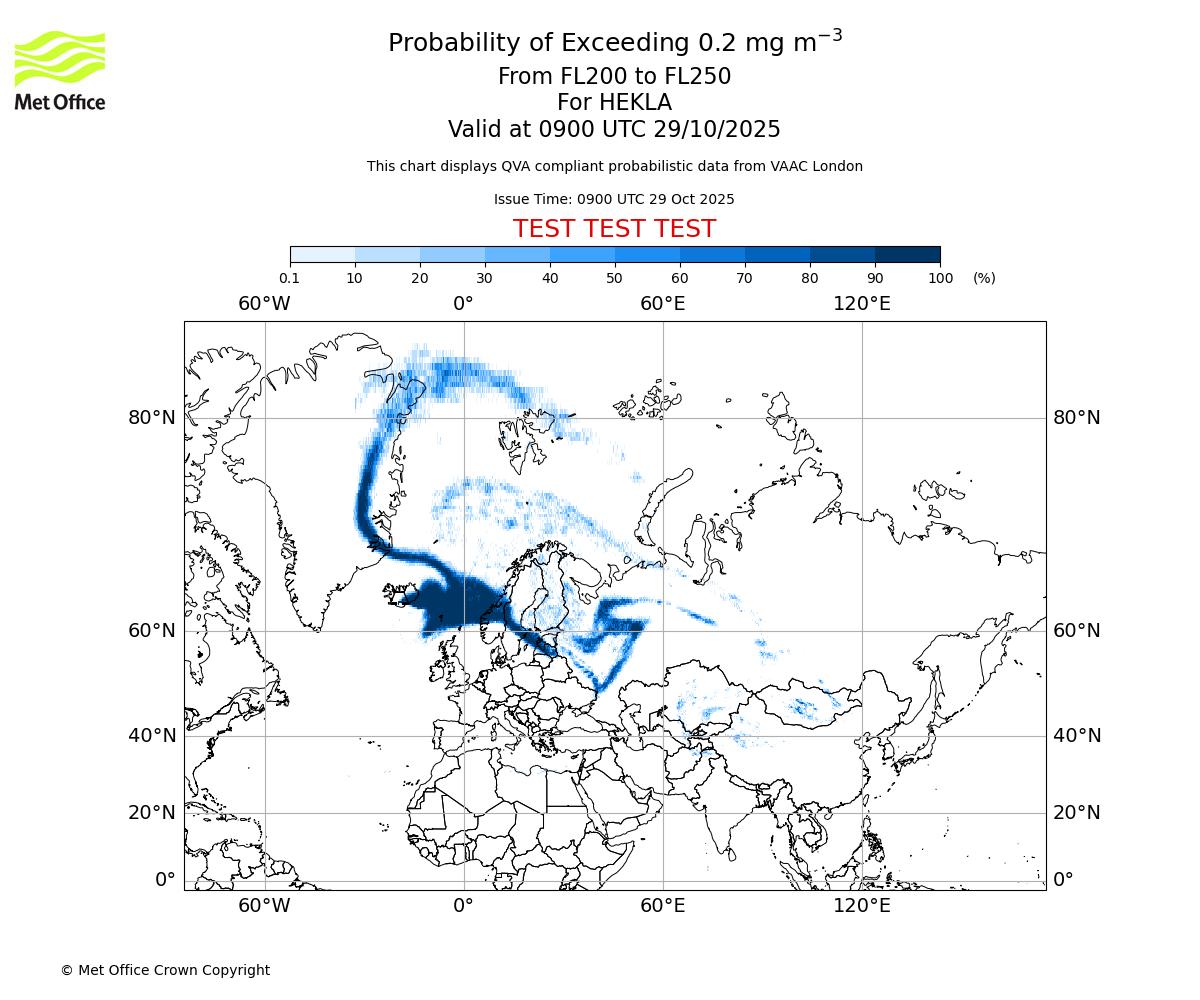 Probability of exceeding 0.2 milligrams per metre cubed. From 200 to 250 for HEKLA. Valid at 0900 UTC 29/10/2025