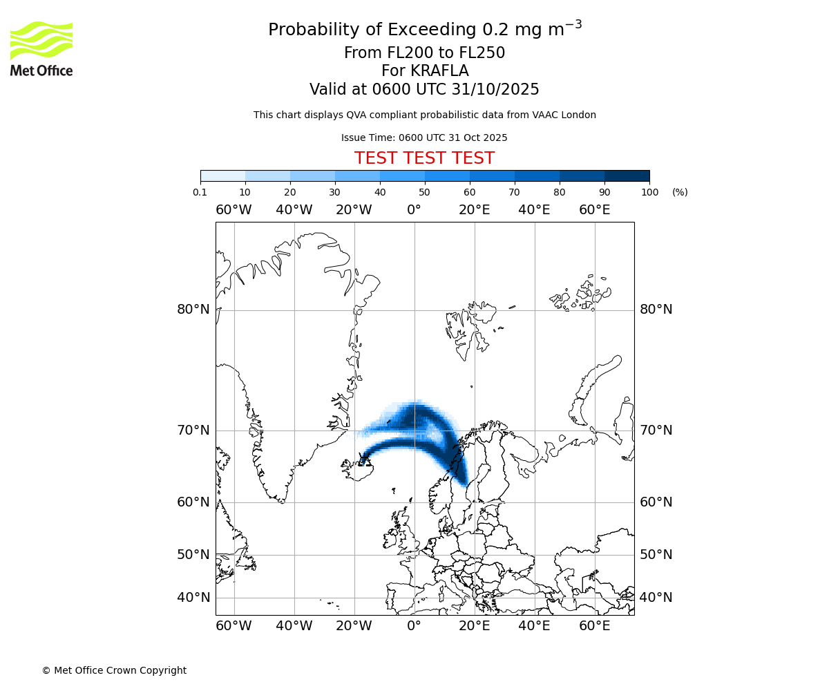 Probability of exceeding 0.2 milligrams per metre cubed. From 200 to 250 for KRAFLA. Valid at 0600 UTC 31/10/2025