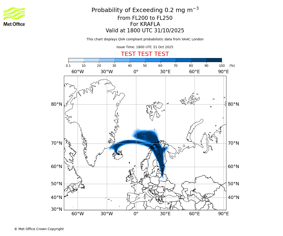 Probability of exceeding 0.2 milligrams per metre cubed. From 200 to 250 for KRAFLA. Valid at 1800 UTC 31/10/2025