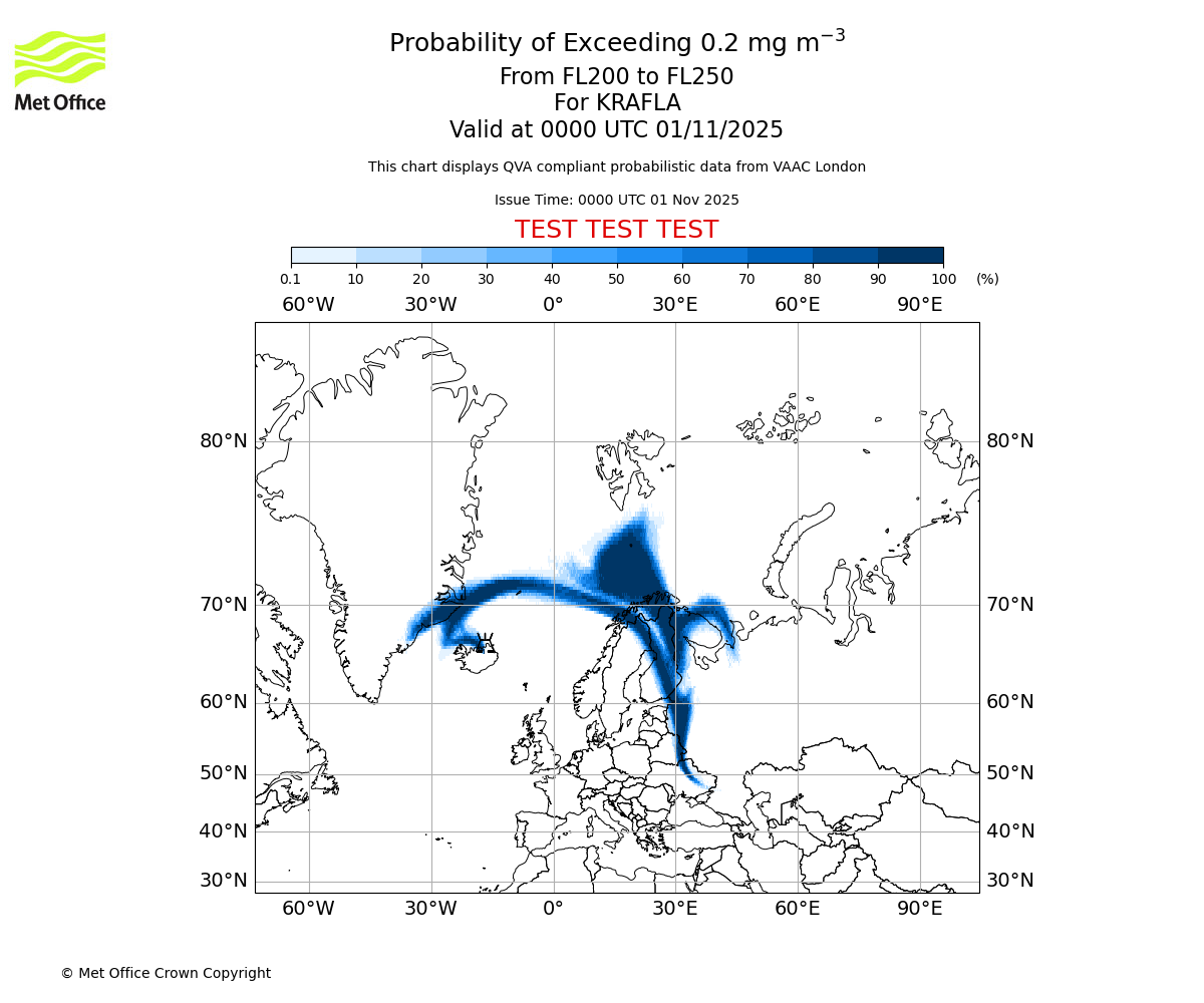 Probability of exceeding 0.2 milligrams per metre cubed. From 200 to 250 for KRAFLA. Valid at 0000 UTC 01/11/2025