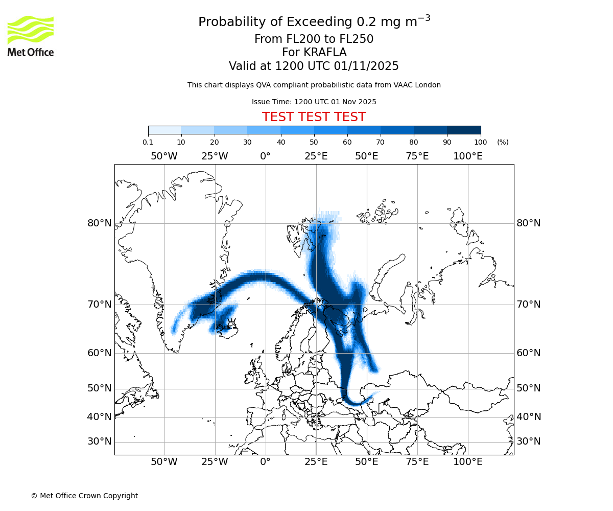 Probability of exceeding 0.2 milligrams per metre cubed. From 200 to 250 for KRAFLA. Valid at 1200 UTC 01/11/2025