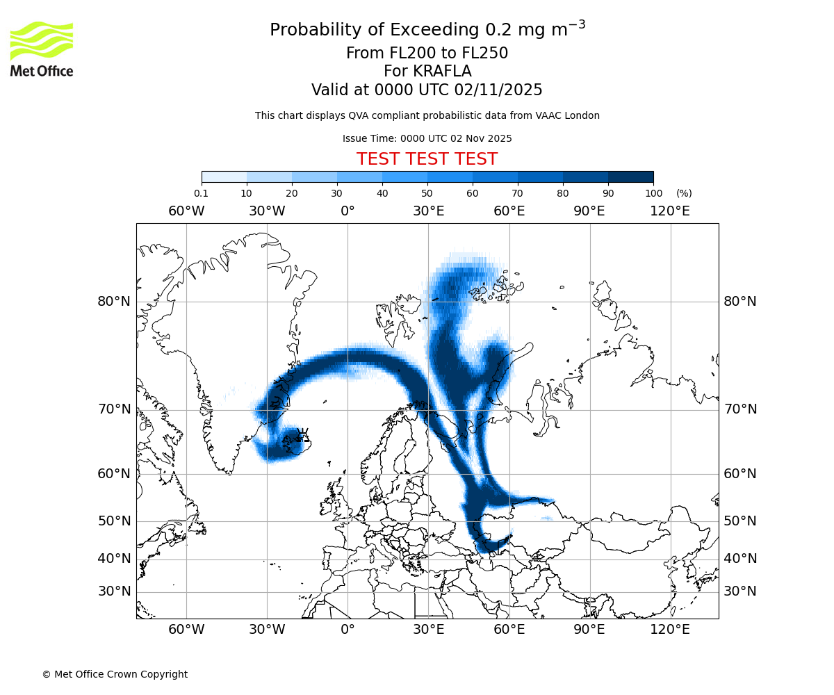 Probability of exceeding 0.2 milligrams per metre cubed. From 200 to 250 for KRAFLA. Valid at 0000 UTC 02/11/2025