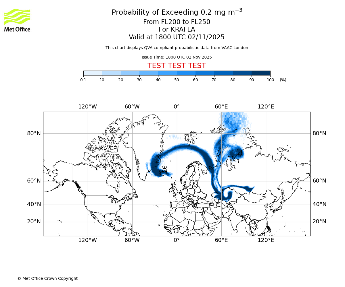 Probability of exceeding 0.2 milligrams per metre cubed. From 200 to 250 for KRAFLA. Valid at 1800 UTC 02/11/2025