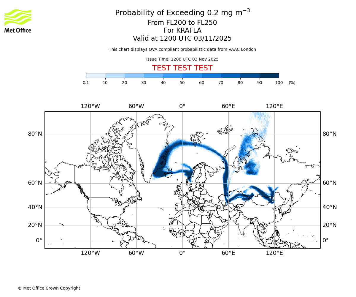 Probability of exceeding 0.2 milligrams per metre cubed. From 200 to 250 for KRAFLA. Valid at 1200 UTC 03/11/2025