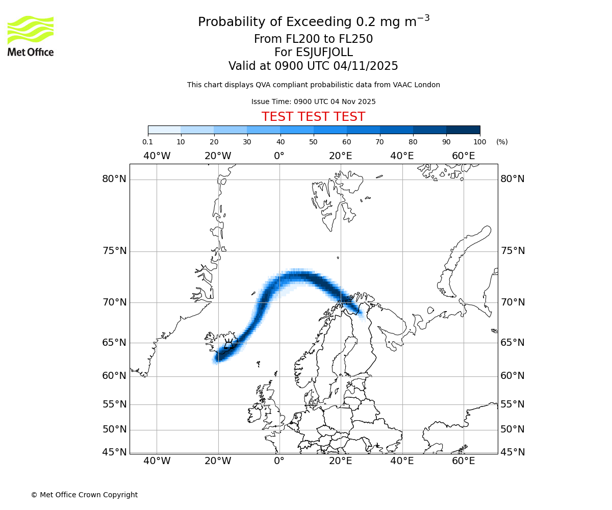 Probability of exceeding 0.2 milligrams per metre cubed. From 200 to 250 for ESJUFJOLL. Valid at 0900 UTC 04/11/2025