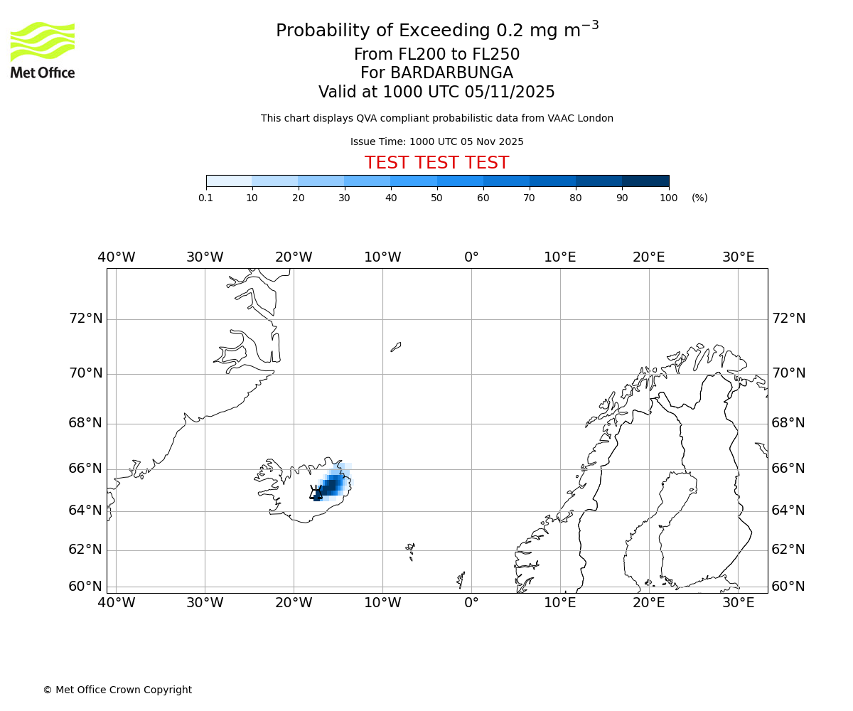 Probability of exceeding 0.2 milligrams per metre cubed. From 200 to 250 for BARDARBUNGA. Valid at 1000 UTC 05/11/2025