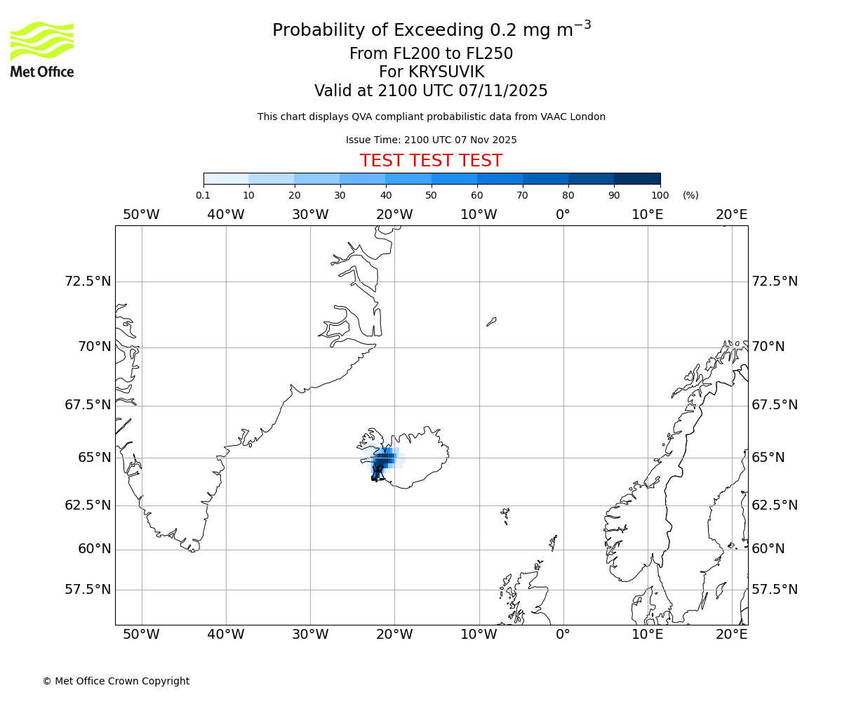 Probability of exceeding 0.2 milligrams per metre cubed. From 200 to 250 for KRYSUVIK. Valid at 2100 UTC 07/11/2025