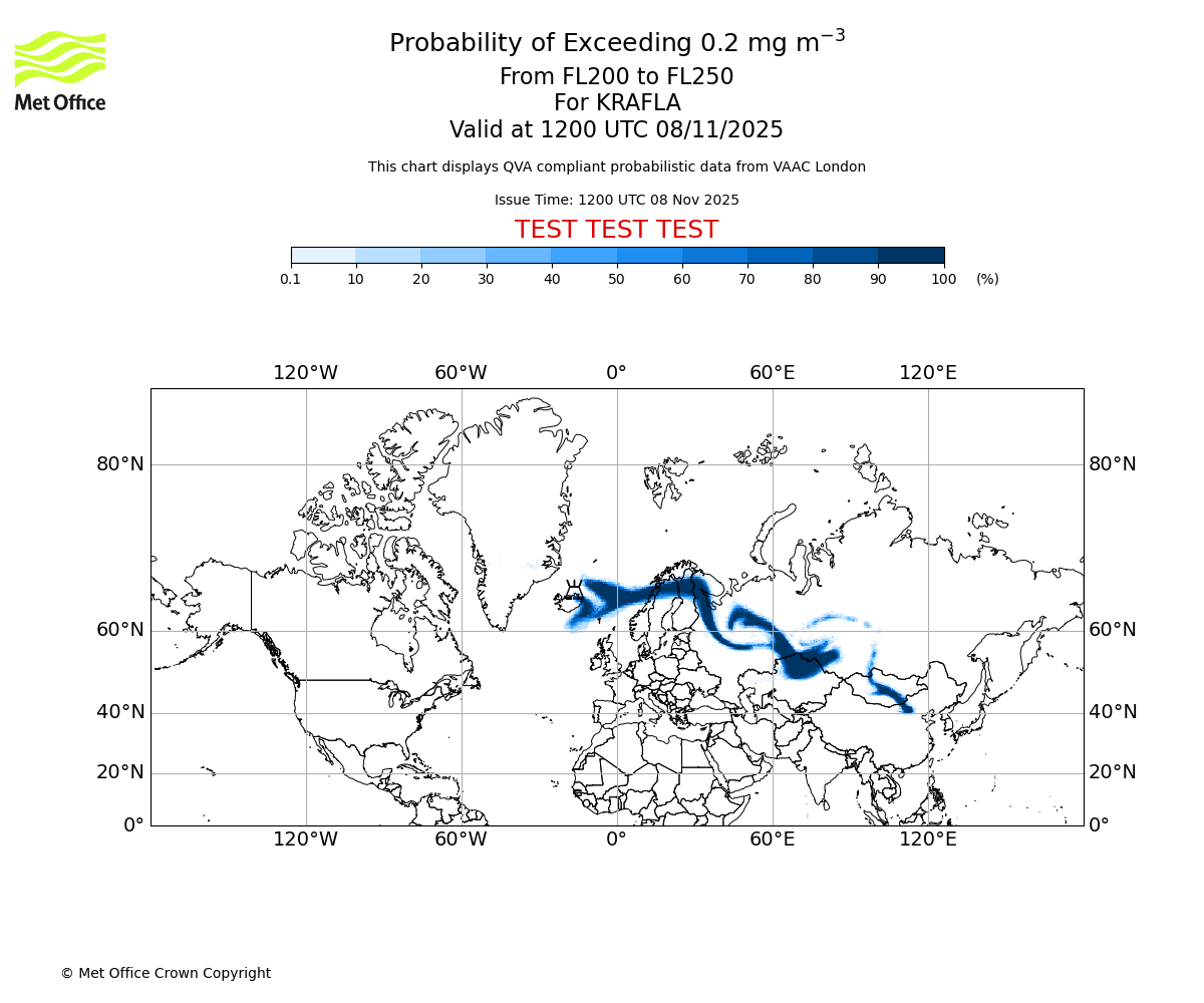 Probability of exceeding 0.2 milligrams per metre cubed. From 200 to 250 for KRAFLA. Valid at 1200 UTC 08/11/2025