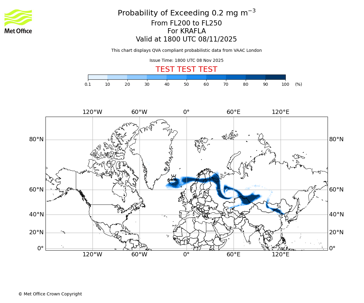 Probability of exceeding 0.2 milligrams per metre cubed. From 200 to 250 for KRAFLA. Valid at 1800 UTC 08/11/2025