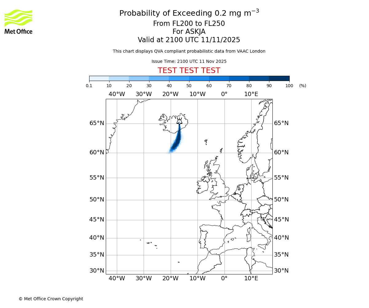 Probability of exceeding 0.2 milligrams per metre cubed. From 200 to 250 for ASKJA. Valid at 2100 UTC 11/11/2025