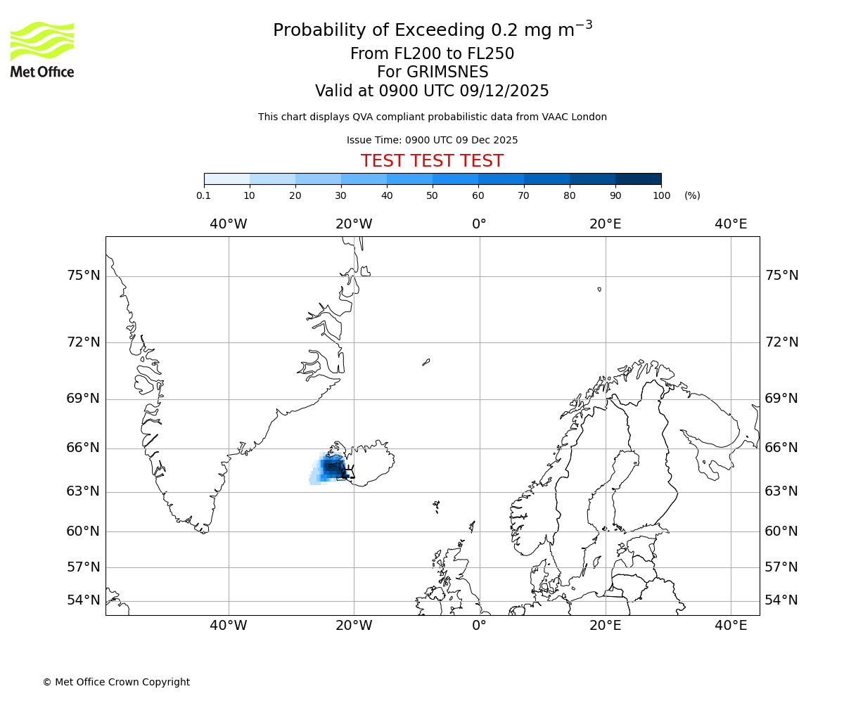 Probability of exceeding 0.2 milligrams per metre cubed. From 200 to 250 for GRIMSNES. Valid at 0900 UTC 09/12/2025