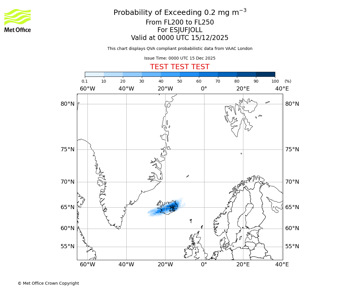 Probability of exceeding 0.2 milligrams per metre cubed. From 200 to 250 for ESJUFJOLL. Valid at 0000 UTC 15/12/2025