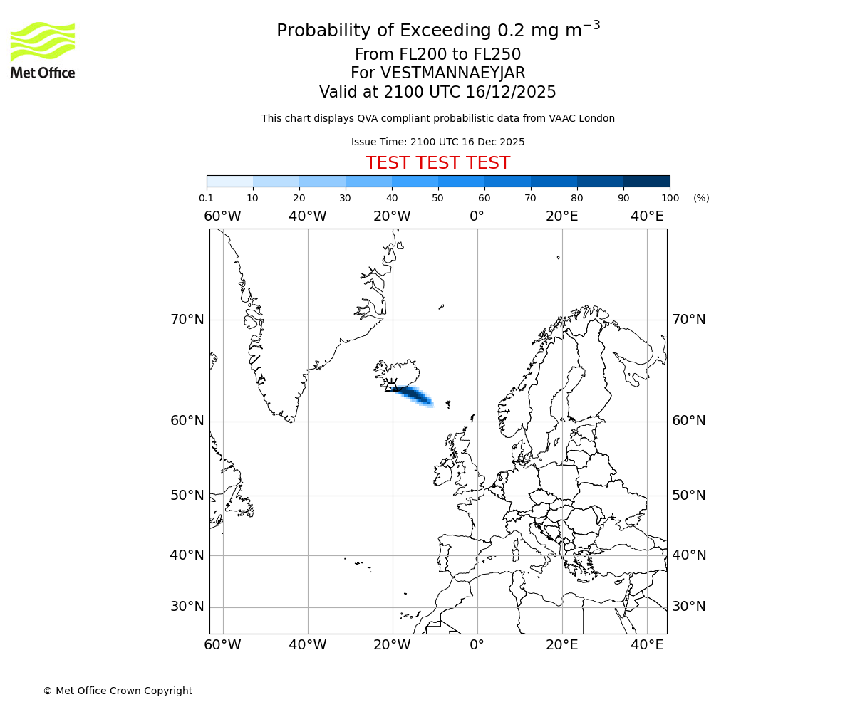 Probability of exceeding 0.2 milligrams per metre cubed. From 200 to 250 for VESTMANNAEYJAR. Valid at 2100 UTC 16/12/2025