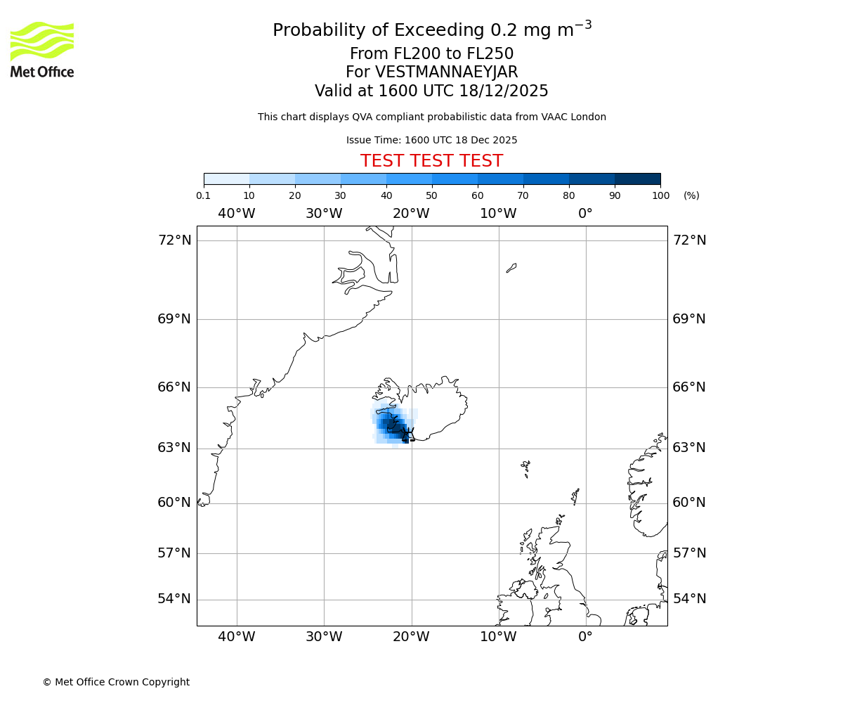 Probability of exceeding 0.2 milligrams per metre cubed. From 200 to 250 for VESTMANNAEYJAR. Valid at 1600 UTC 18/12/2025