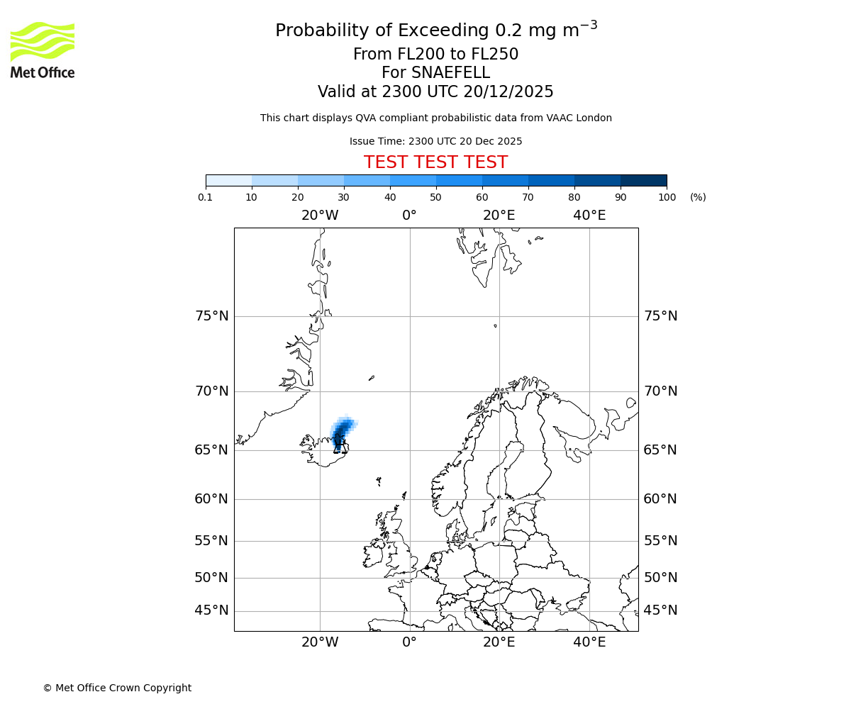 Probability of exceeding 0.2 milligrams per metre cubed. From 200 to 250 for SNAEFELL. Valid at 2300 UTC 20/12/2025