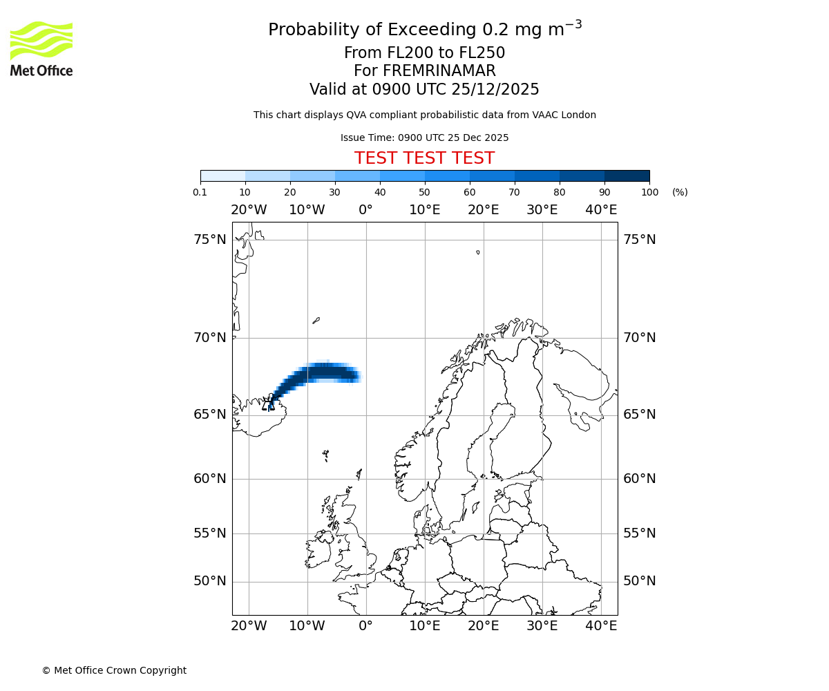 Probability of exceeding 0.2 milligrams per metre cubed. From 200 to 250 for FREMRINAMAR. Valid at 0900 UTC 25/12/2025