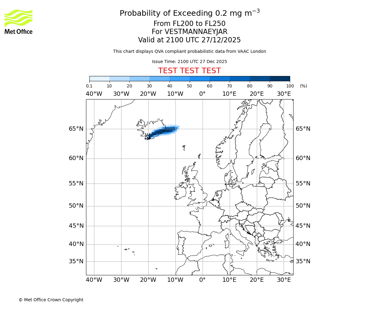 Probability of exceeding 0.2 milligrams per metre cubed. From 200 to 250 for VESTMANNAEYJAR. Valid at 2100 UTC 27/12/2025
