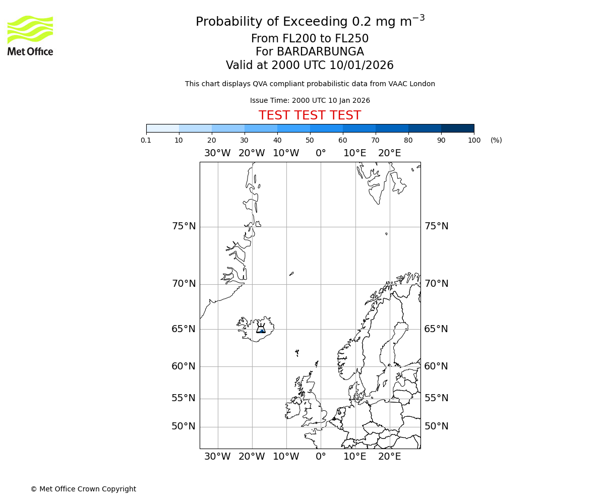 Probability of exceeding 0.2 milligrams per metre cubed. From 200 to 250 for BARDARBUNGA. Valid at 2000 UTC 10/01/2026