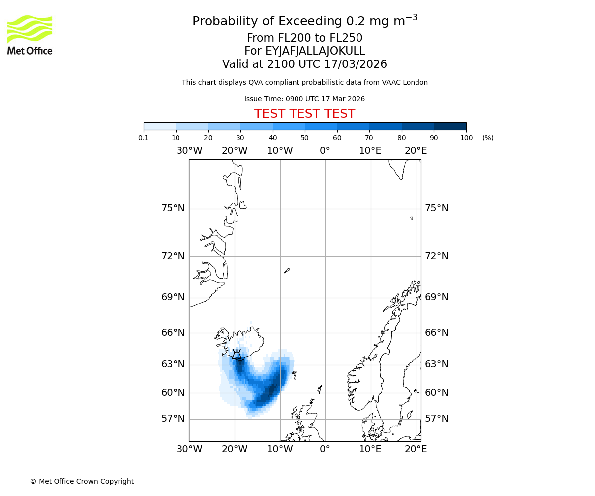 Probability of exceeding 0.2 milligrams per metre cubed. From 200 to 250 for EYJAFJALLAJOKULL. Valid at 2100 UTC 17/03/2026