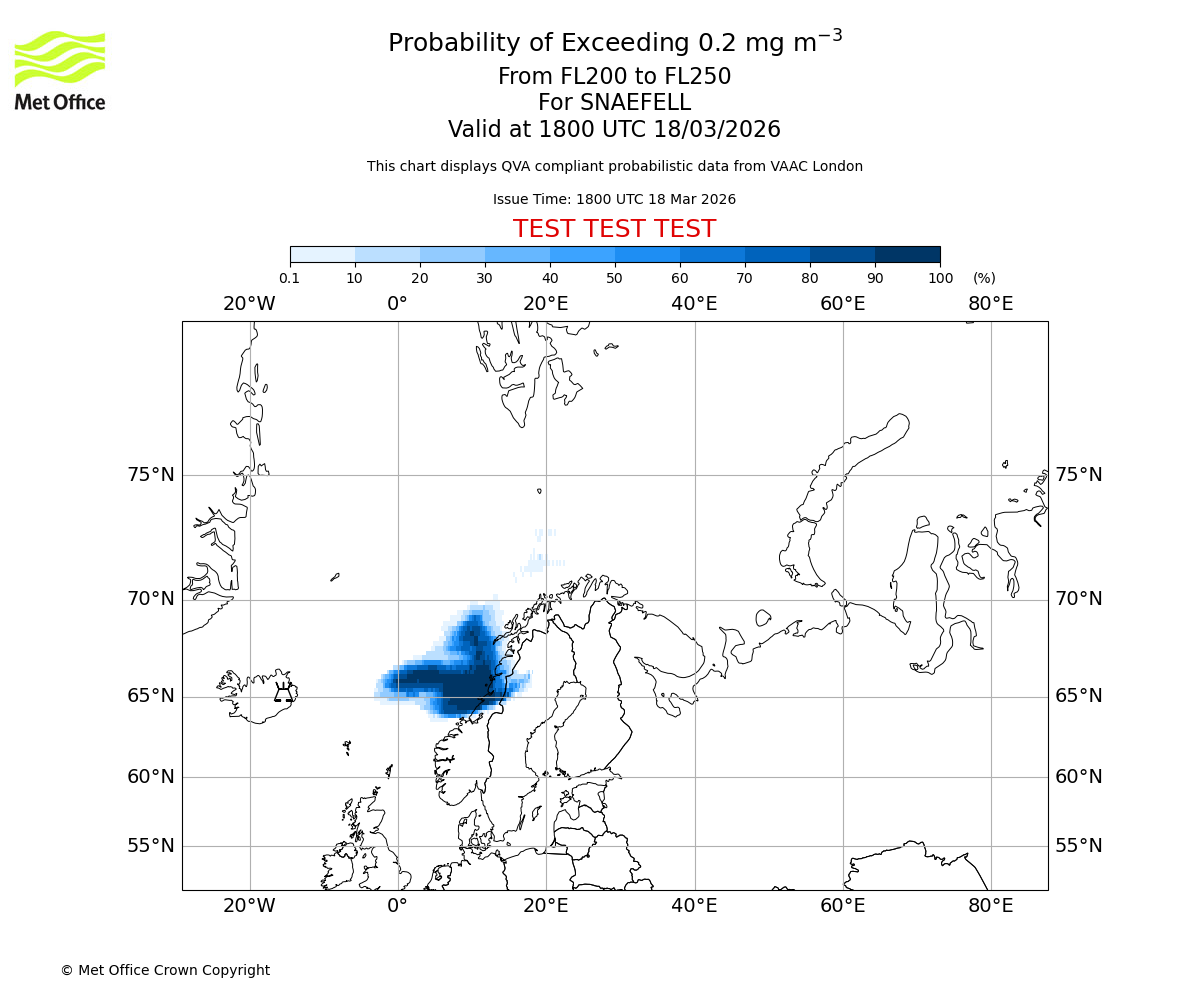 Probability of exceeding 0.2 milligrams per metre cubed. From 200 to 250 for SNAEFELL. Valid at 1800 UTC 18/03/2026