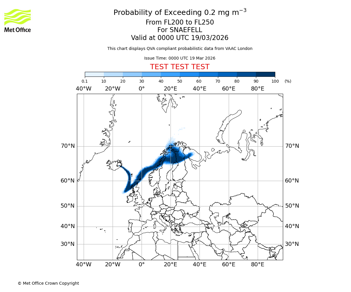 Probability of exceeding 0.2 milligrams per metre cubed. From 200 to 250 for SNAEFELL. Valid at 0000 UTC 19/03/2026