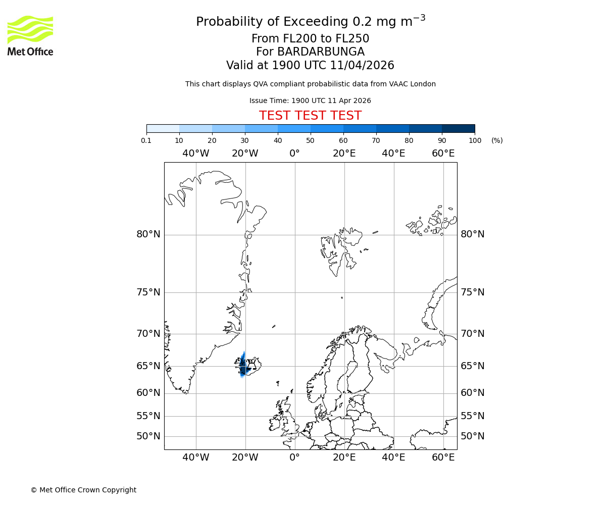 Probability of exceeding 0.2 milligrams per metre cubed. From 200 to 250 for BARDARBUNGA. Valid at 1900 UTC 11/04/2026