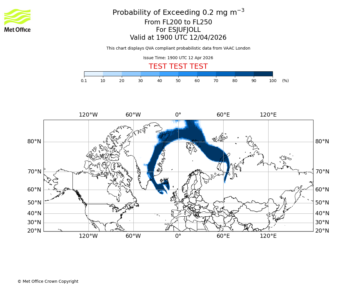 Probability of exceeding 0.2 milligrams per metre cubed. From 200 to 250 for ESJUFJOLL. Valid at 1900 UTC 12/04/2026