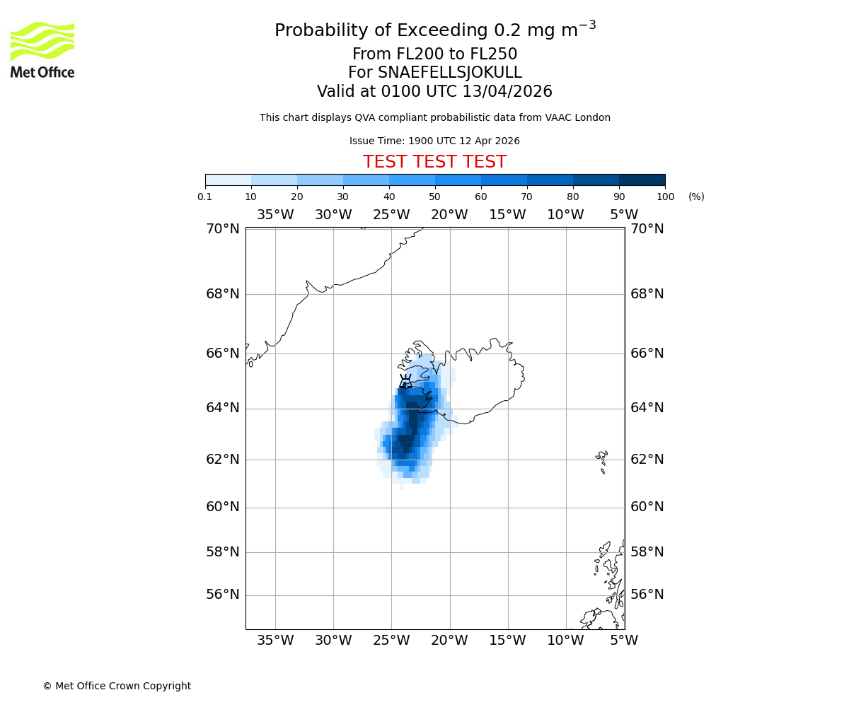 Probability of exceeding 0.2 milligrams per metre cubed. From 200 to 250 for SNAEFELLSJOKULL. Valid at 0100 UTC 13/04/2026