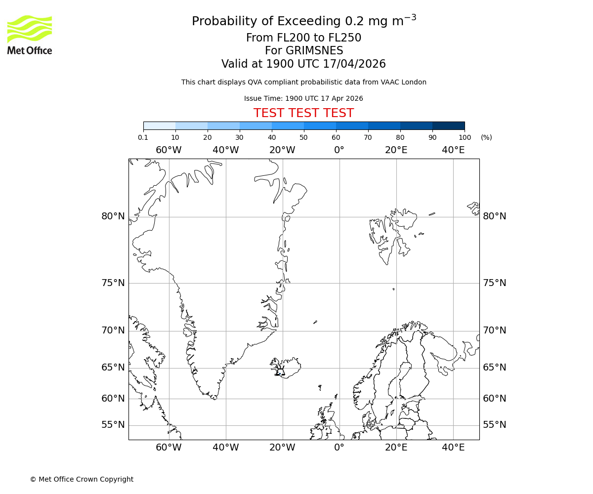 Probability of exceeding 0.2 milligrams per metre cubed. From 200 to 250 for GRIMSNES. Valid at 1900 UTC 17/04/2026