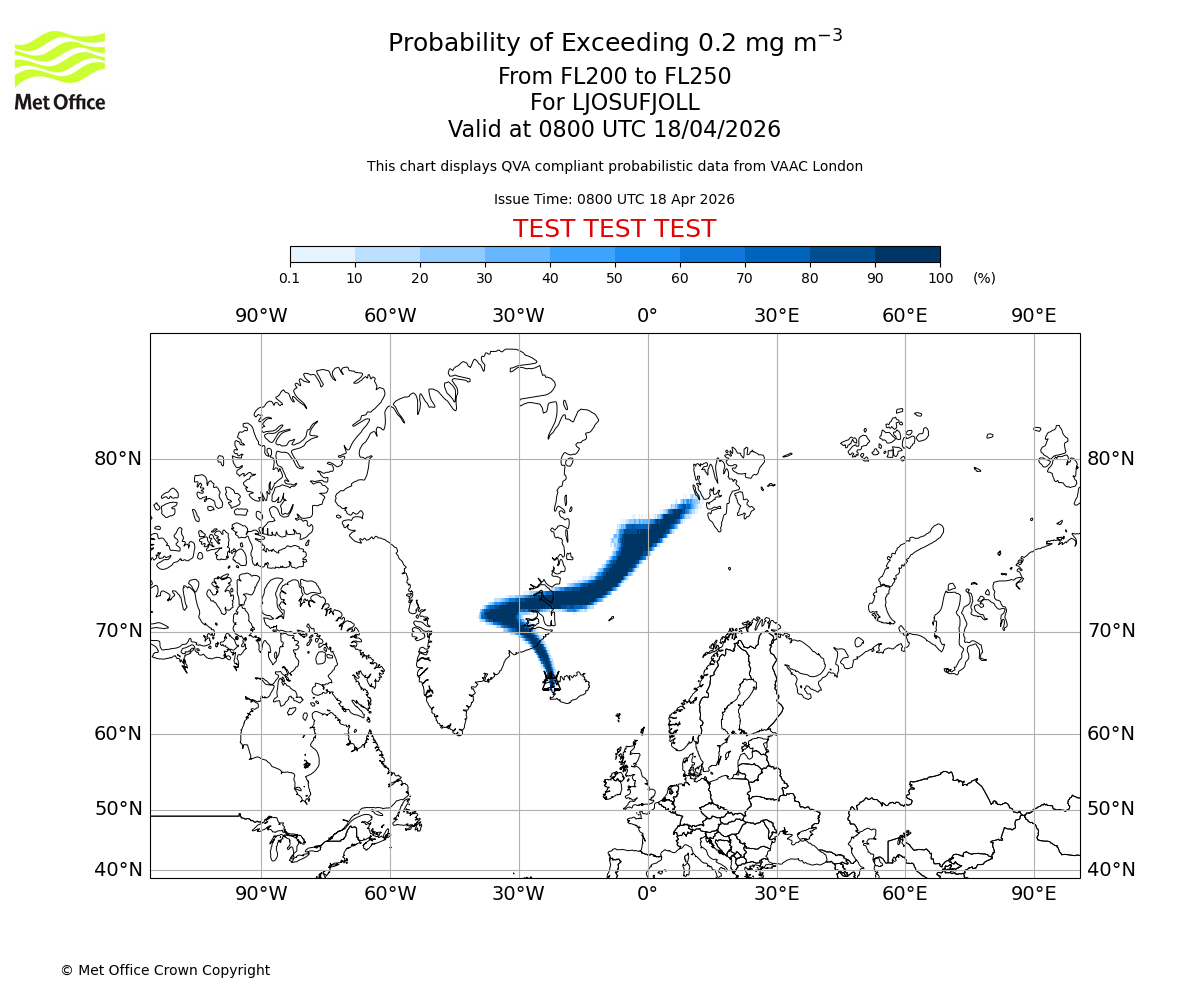 Probability of exceeding 0.2 milligrams per metre cubed. From 200 to 250 for LJOSUFJOLL. Valid at 0800 UTC 18/04/2026