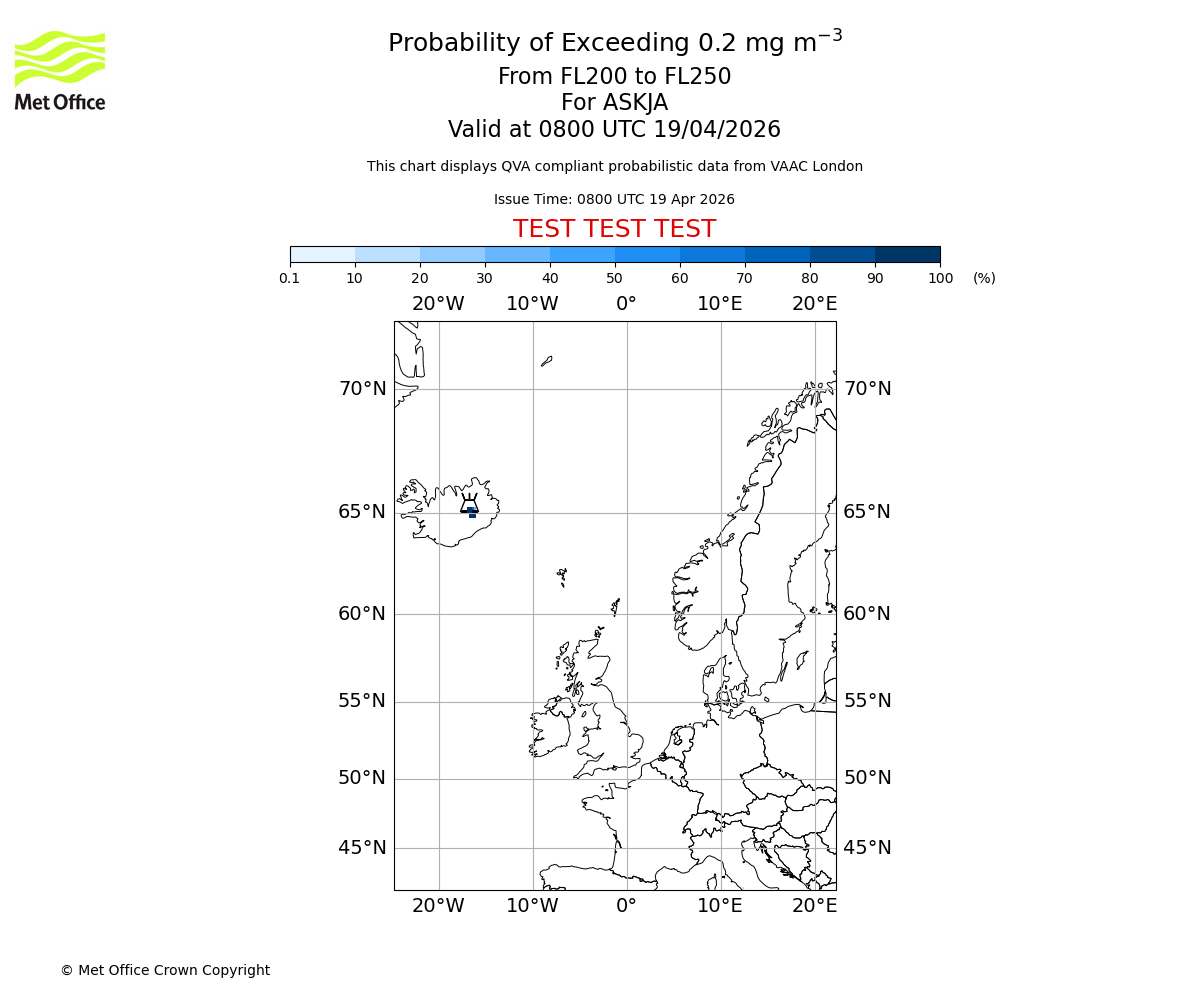 Probability of exceeding 0.2 milligrams per metre cubed. From 200 to 250 for ASKJA. Valid at 0800 UTC 19/04/2026
