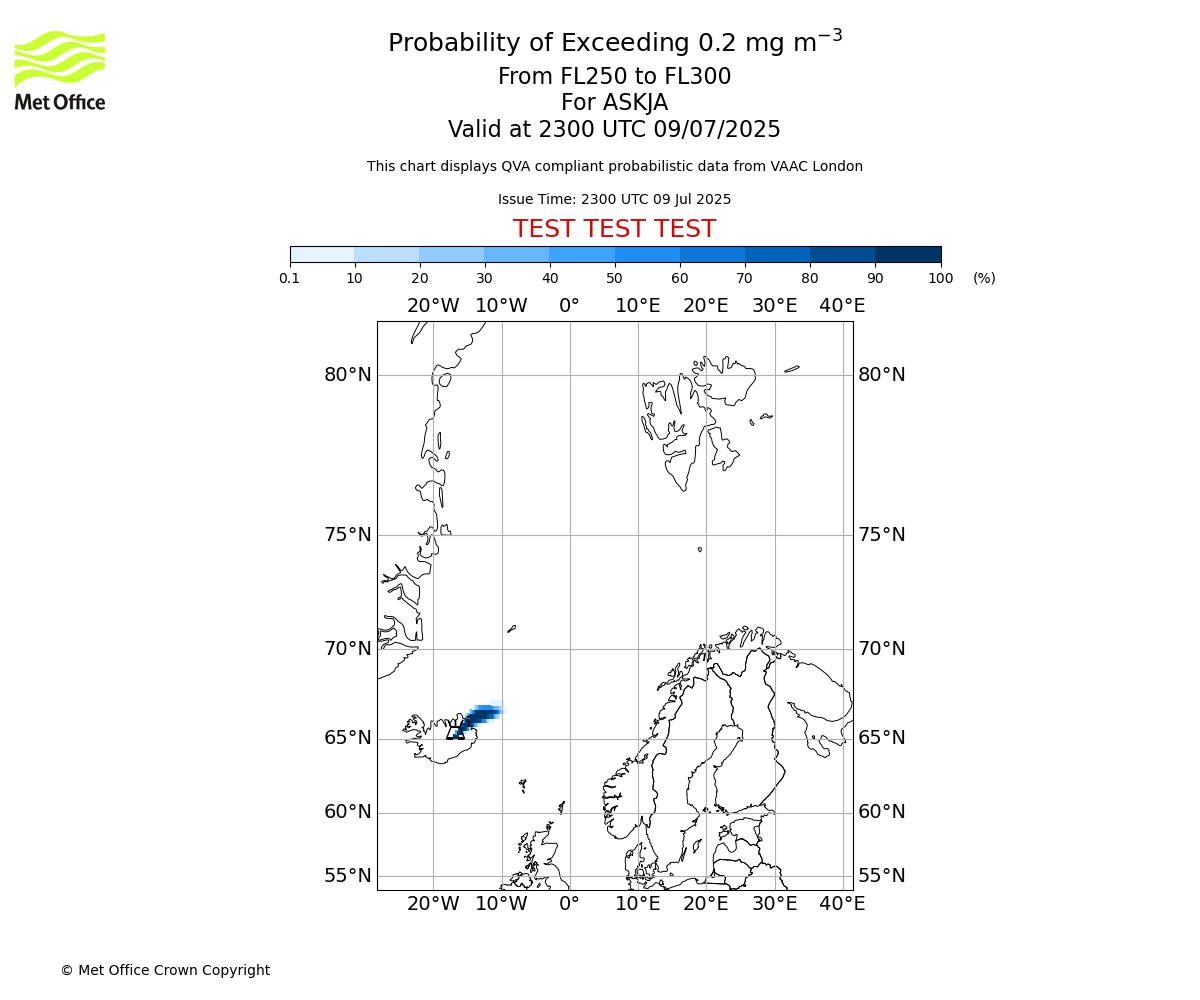 Probability of exceeding 0.2 milligrams per metre cubed. From 250 to 300 for ASKJA. Valid at 2300 UTC 09/07/2025