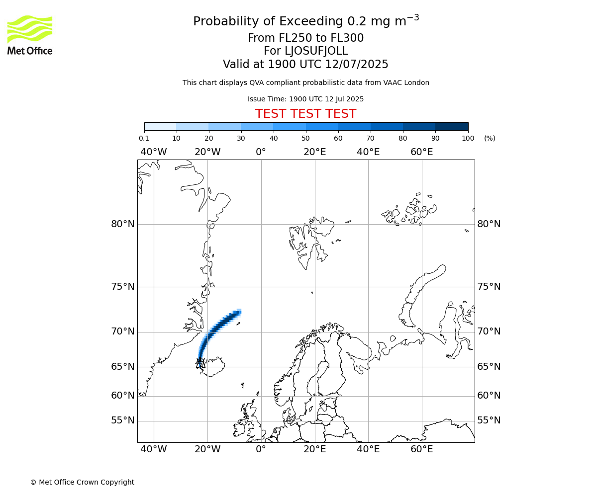 Probability of exceeding 0.2 milligrams per metre cubed. From 250 to 300 for LJOSUFJOLL. Valid at 1900 UTC 12/07/2025