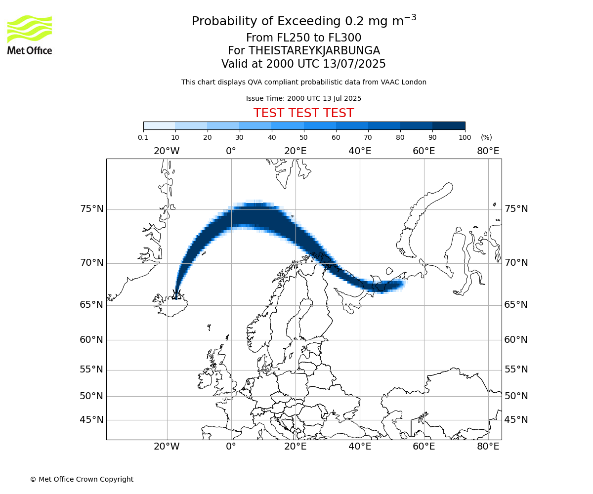 Probability of exceeding 0.2 milligrams per metre cubed. From 250 to 300 for THEISTAREYKJARBUNGA. Valid at 2000 UTC 13/07/2025