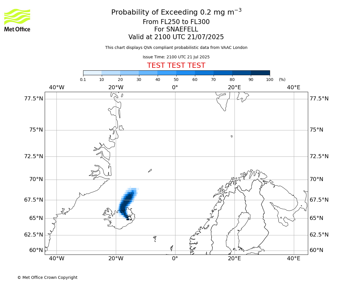Probability of exceeding 0.2 milligrams per metre cubed. From 250 to 300 for SNAEFELL. Valid at 2100 UTC 21/07/2025