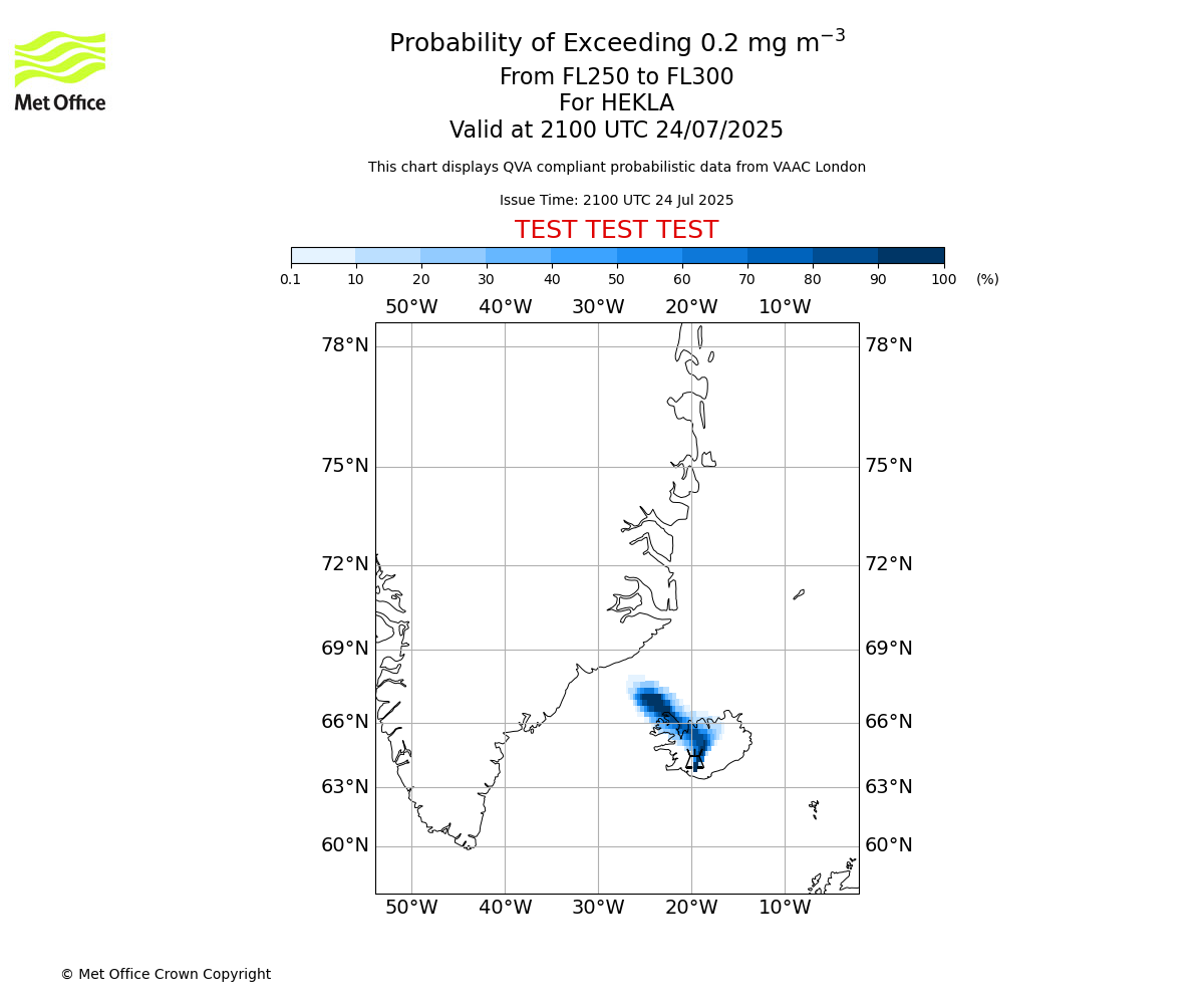 Probability of exceeding 0.2 milligrams per metre cubed. From 250 to 300 for HEKLA. Valid at 2100 UTC 24/07/2025