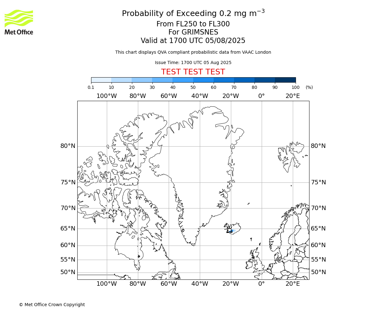 Probability of exceeding 0.2 milligrams per metre cubed. From 250 to 300 for GRIMSNES. Valid at 1700 UTC 05/08/2025