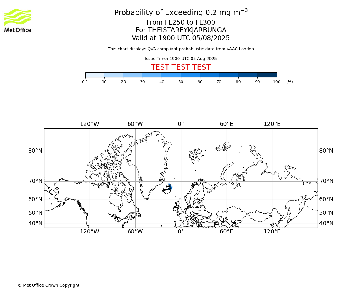 Probability of exceeding 0.2 milligrams per metre cubed. From 250 to 300 for THEISTAREYKJARBUNGA. Valid at 1900 UTC 05/08/2025
