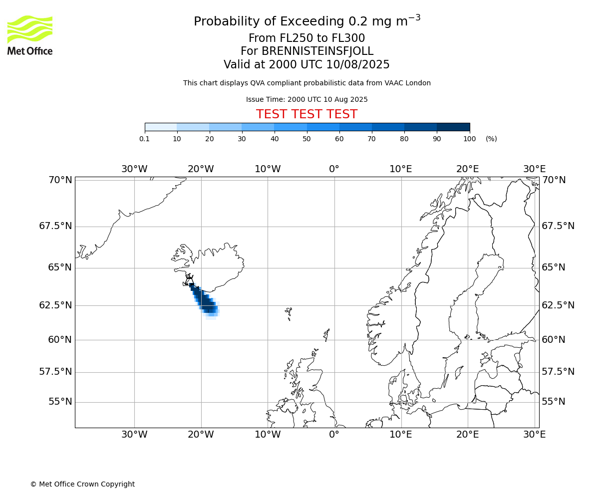 Probability of exceeding 0.2 milligrams per metre cubed. From 250 to 300 for BRENNISTEINSFJOLL. Valid at 2000 UTC 10/08/2025